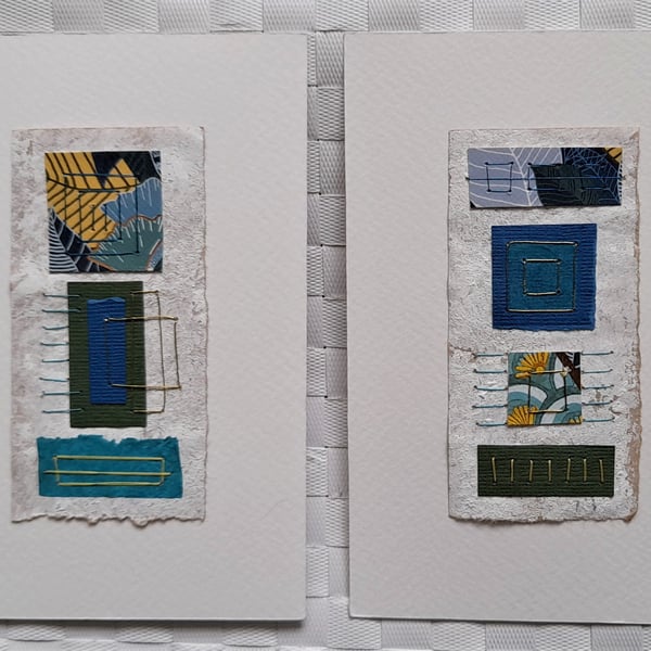Pretty Patterned Blue Green Yellow Handstitched Geometric Small Art Pictures