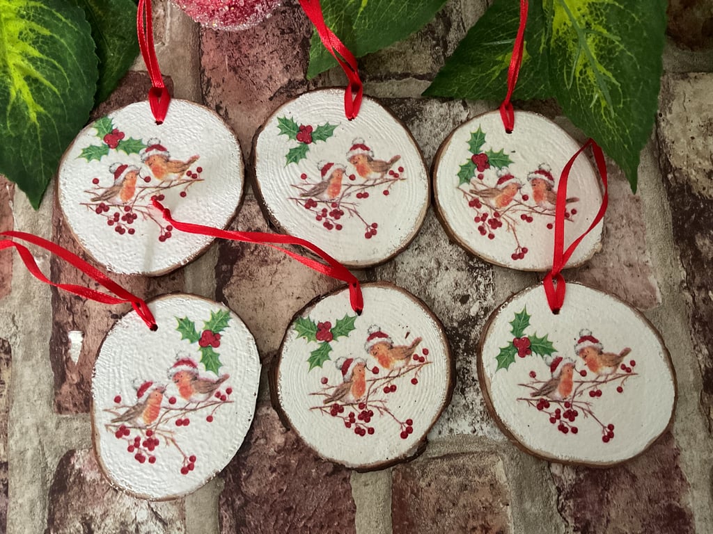 Set of 6 Robin wood slices. Tree Decorations.