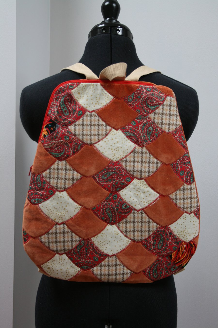 Dragon scale backpack in vintage orange velvet and paisley. fish mermaid scale