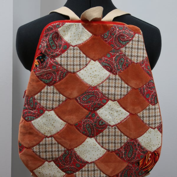 Dragon scale backpack in vintage orange velvet and paisley. fish mermaid scale