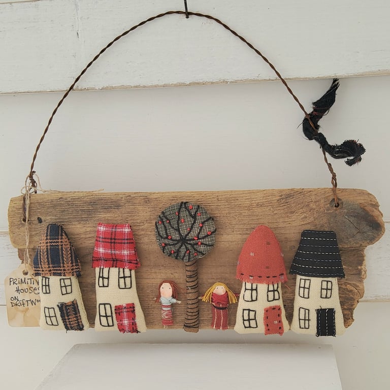Primitive fabric houses on driftwood hanging decoration 