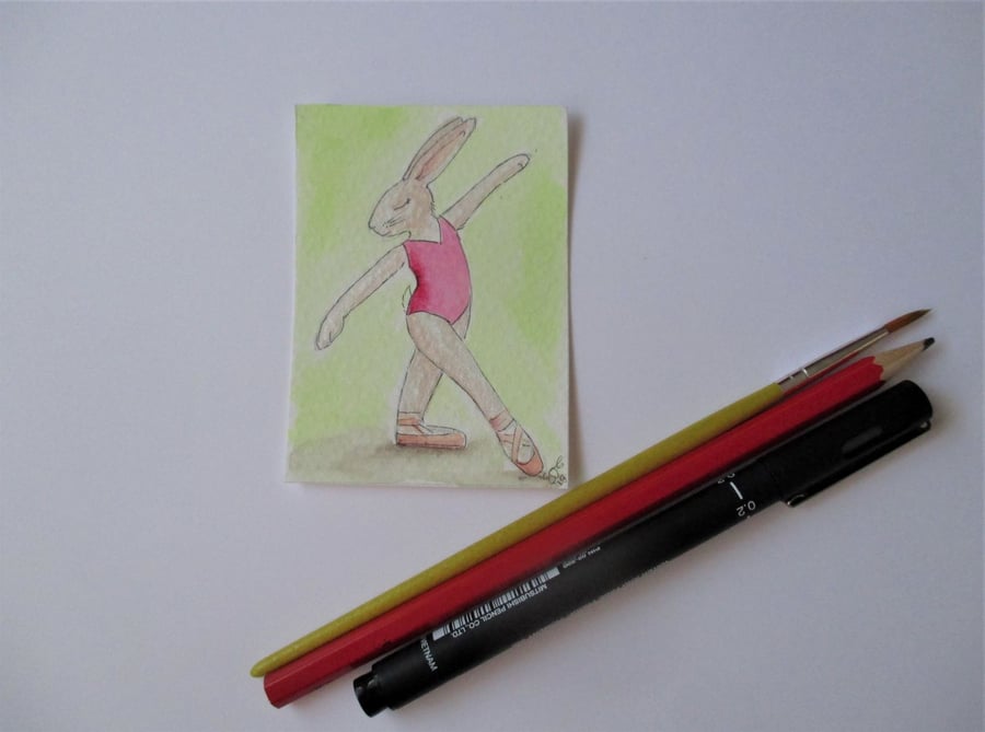 ACEO Bunny Rabbit Ballerina Ballet Dancing Bunny Rabbit Original Painting 012