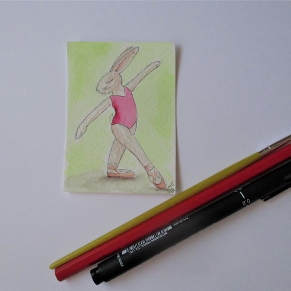 ACEO Bunny Rabbit Ballerina Ballet Dancing Bunny Rabbit Original Painting 012