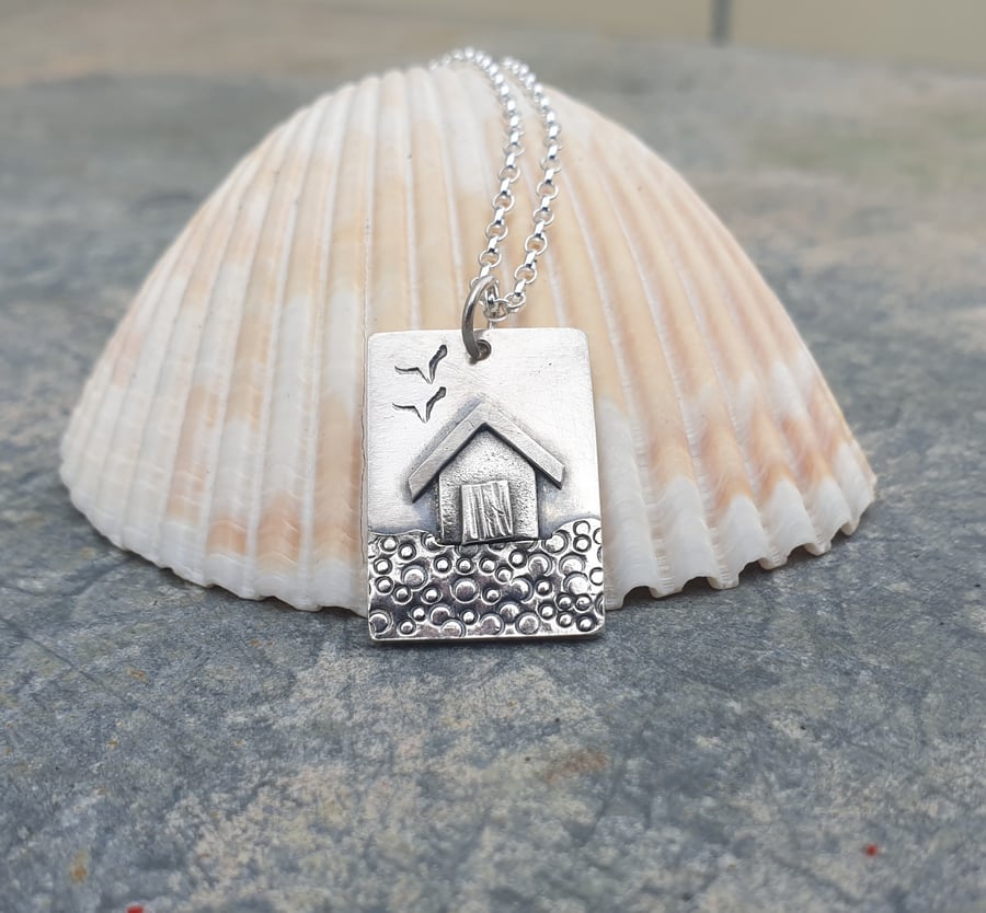 Silver beach, seaside pendant with beach hut