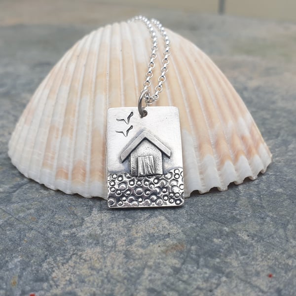 Silver beach, seaside pendant with beach hut