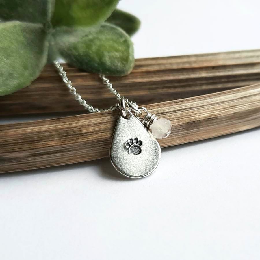 Hand Stamped Sterling Silver Teardrop Paw Print Necklace with Rose Quartz Charm