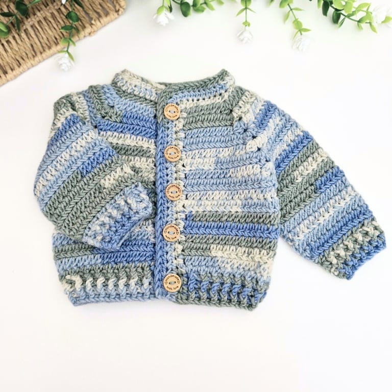 Handmade Baby Cardigan - Newborn to 1-2 Years - Crochet in Blue & Green