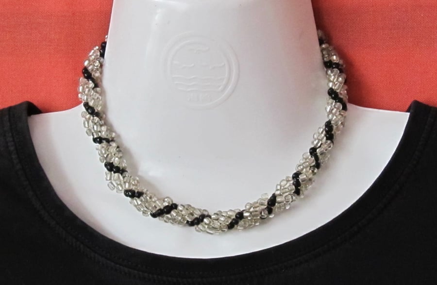 Chunky Choker with Silver Lined & Black Seed Beads in a Spiral Rope Weave 