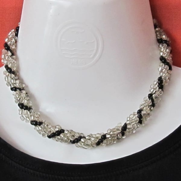 Chunky Choker with Silver Lined & Black Seed Beads in a Spiral Rope Weave 