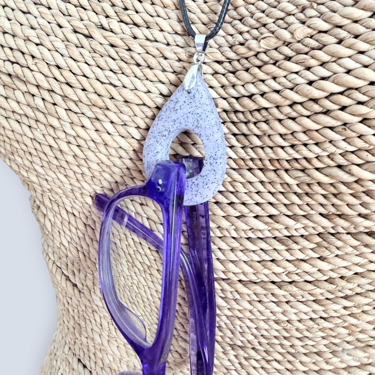 Silver Grey Glitter Glasses Holder Necklace Teardrop Eyewear Loop Pendant