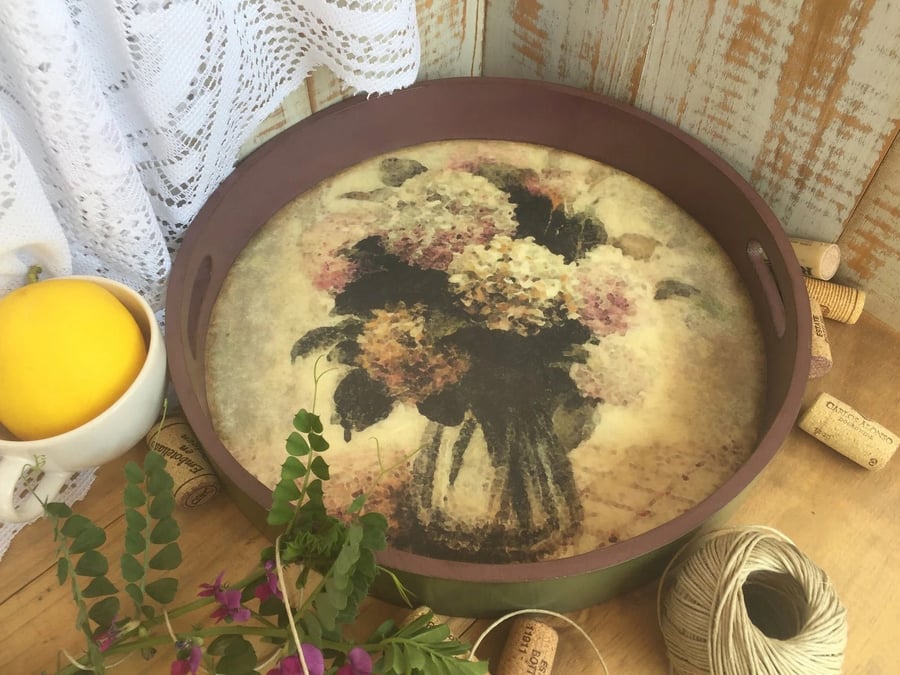 Rustic Hydrangea Circular Serving Tray