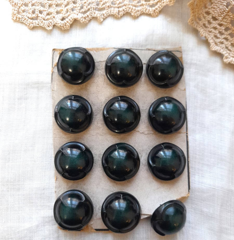 12 Large Dark Green Dome buttons with shank, vintage buttons