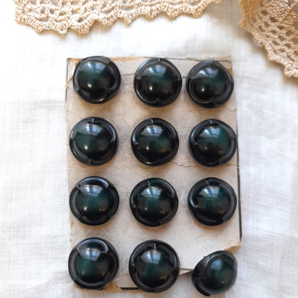 12 Large Dark Green Dome buttons with shank, vintage buttons