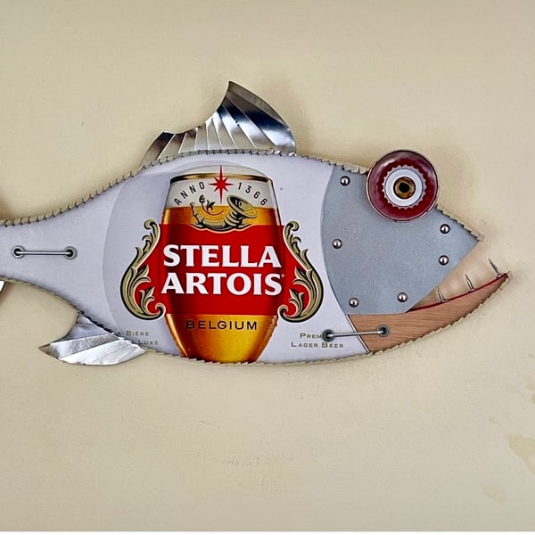 Stella Artois Lager Weird Metal Fish Garden Bar Fisherman Wall Art Pub Wall 