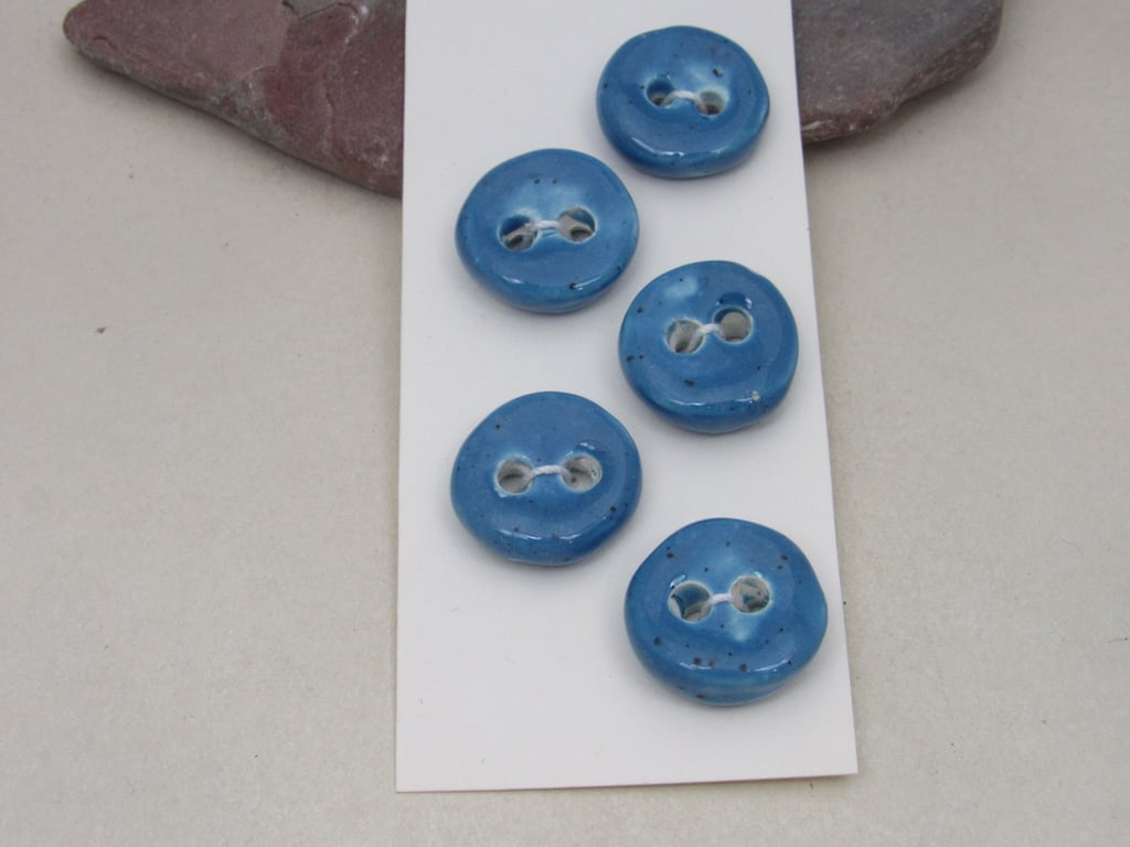 5 Small Round Cornflower Blue Ceramic Buttons