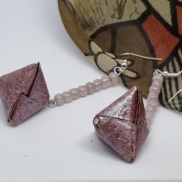 Origami earrings:  brown pearlescent  paper  and small beads 
