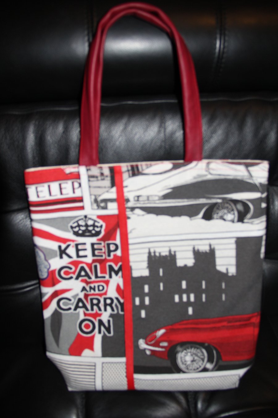 Keep Calm and Carry On, Red and Black London Street Scene Tote Bag