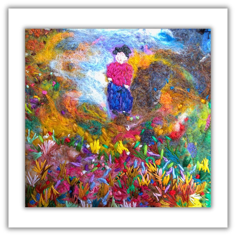 Felt and stitch landscape - walker - framed - wildflowers - small textile art