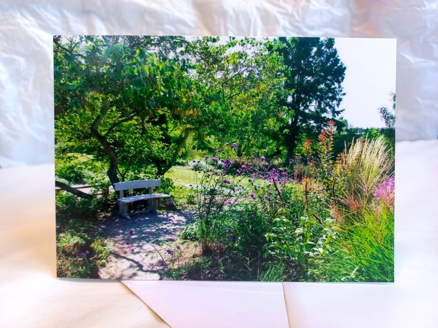 Garden bench - Beth Chatto gardens - greeting card