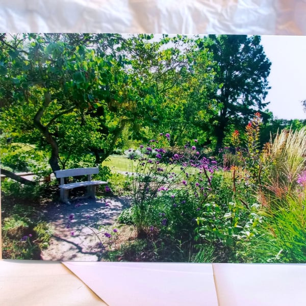 Garden bench - Beth Chatto gardens - greeting card