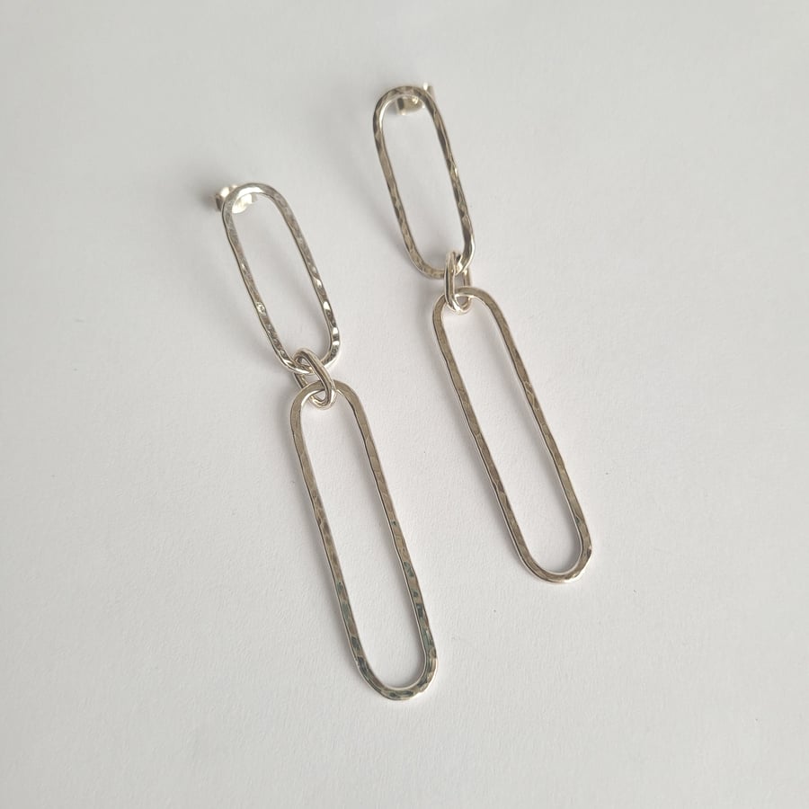Statement Double Oval Dangle Drop Earrings, Recycled Sterling Silver