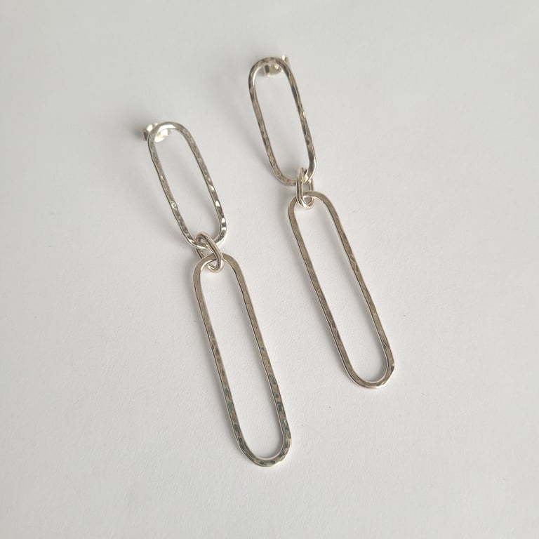 Statement Double Oval Dangle Drop Earrings, Recycled Sterling Silver