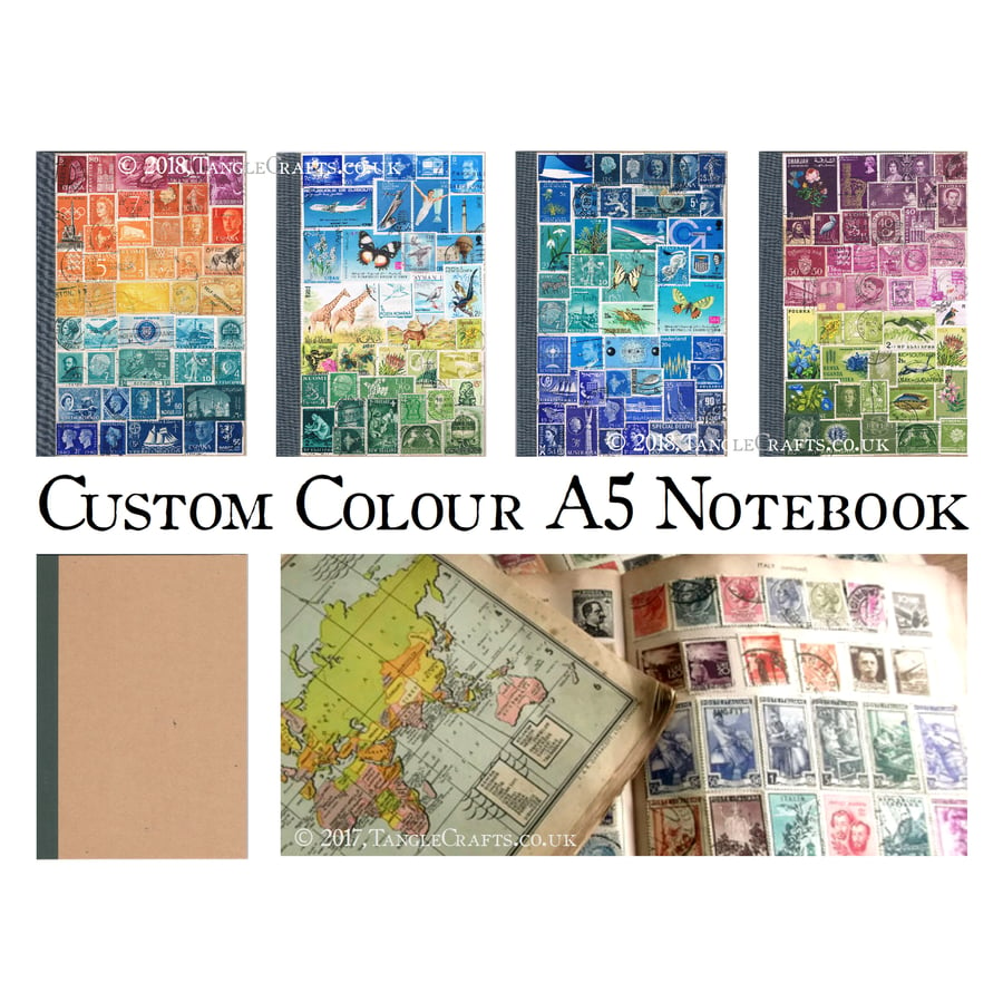 Travel Journal, Custom Colour A5 Notebook, Upcycled Vintage Postage Stamp Art