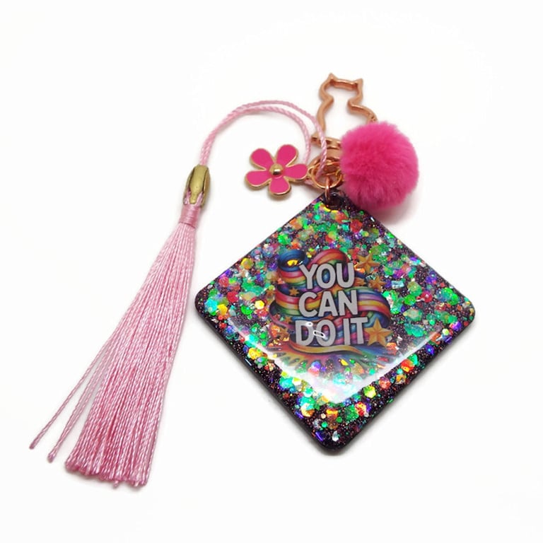 Rainbow Keyring Bag Charm with PomPom and Tassel