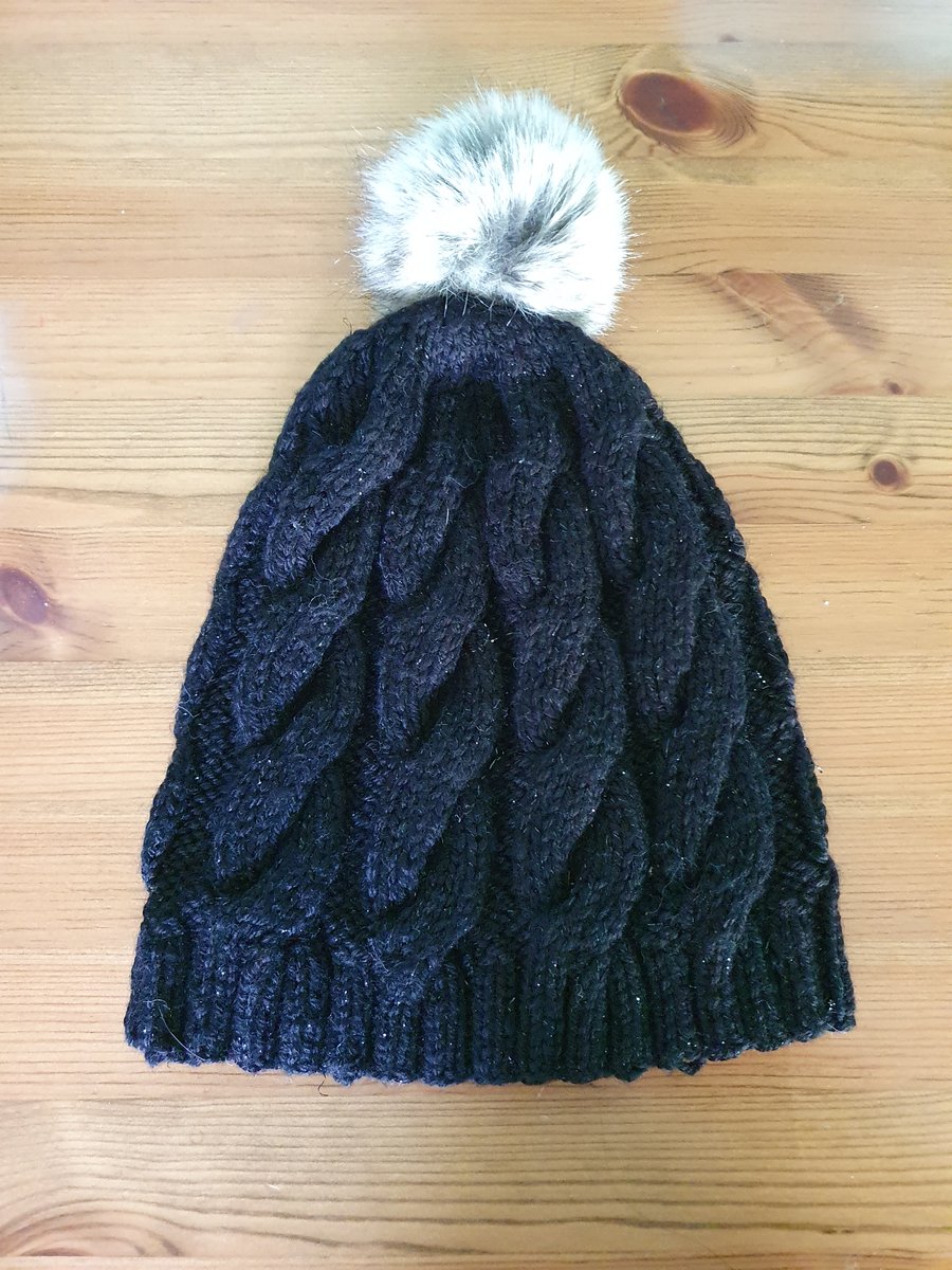 Handknitted Black Aran Beanie