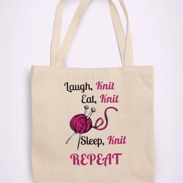 Laugh Eat Sleep Knit Repeat Tote Bag Reusable Cotton bag funny birthday present