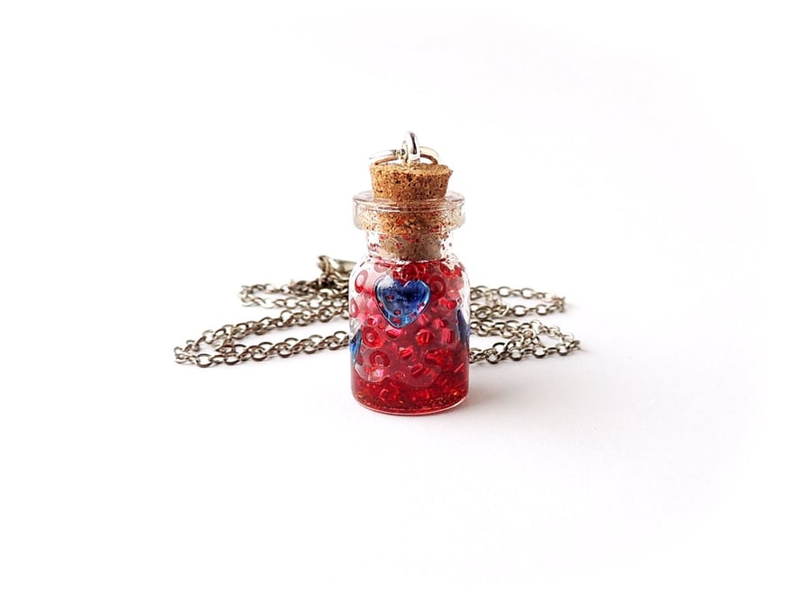 Red and Blue Hearts Bottle Necklace - SALE (281)