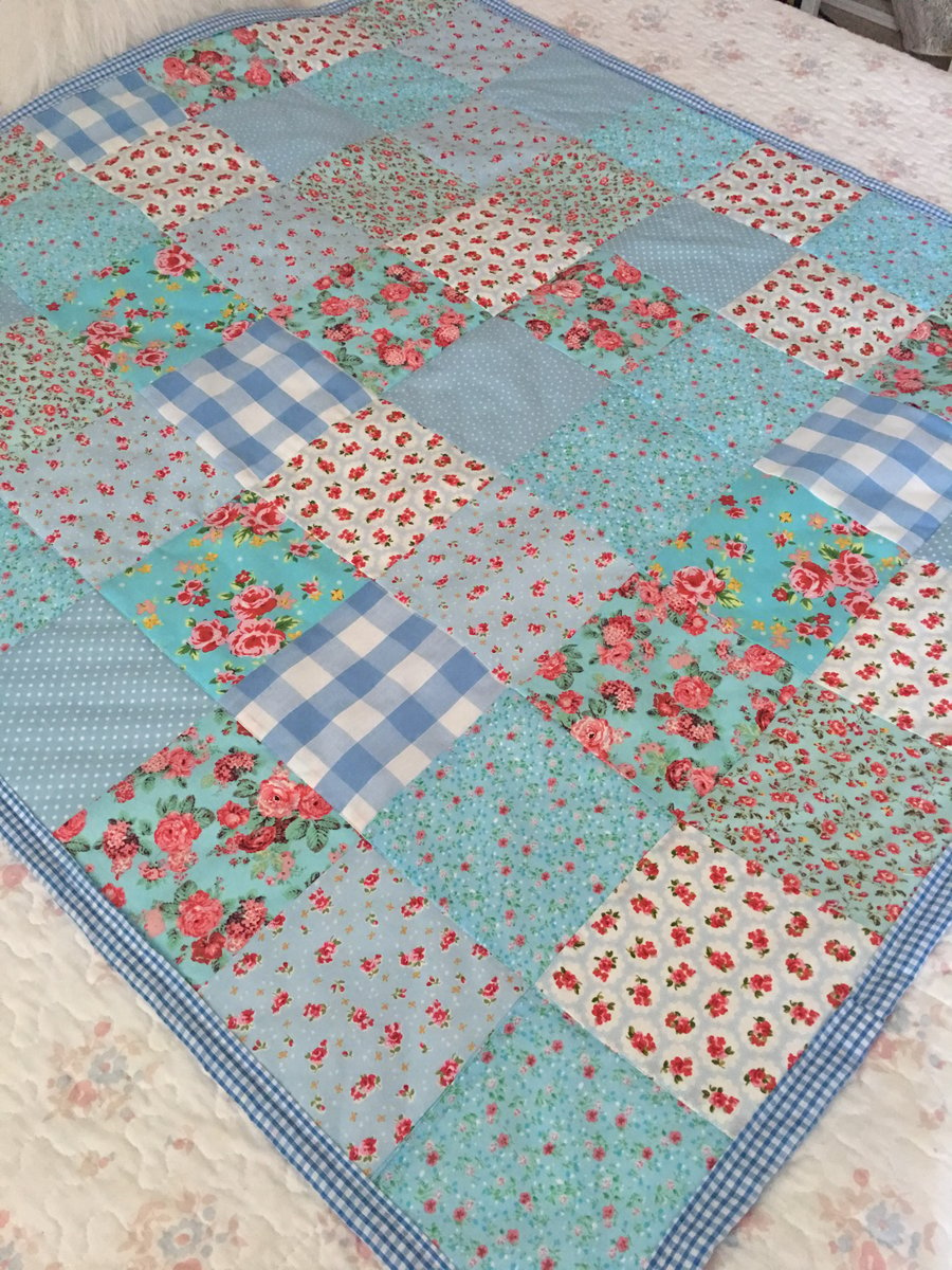 Blue  Patchwork quilt ,bedding,blanket  with white cotton back