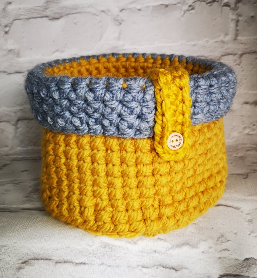 Crocheted Mustard & Grey Basket    FREE P & P 