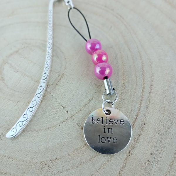 Believe In Love Inspirational Metal Bookmark With Pink Faux Pearl Beads