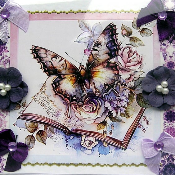 Purple Butterfly - Hand Crafted Decoupage Greeting Card - Blank - 3146