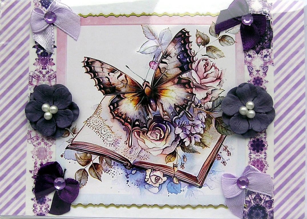 Purple Butterfly - Hand Crafted Decoupage Greeting Card - Blank - 3146
