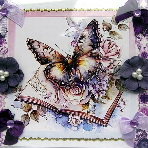 Purple Butterfly - Hand Crafted Decoupage Greeting Card - Blank - 3146