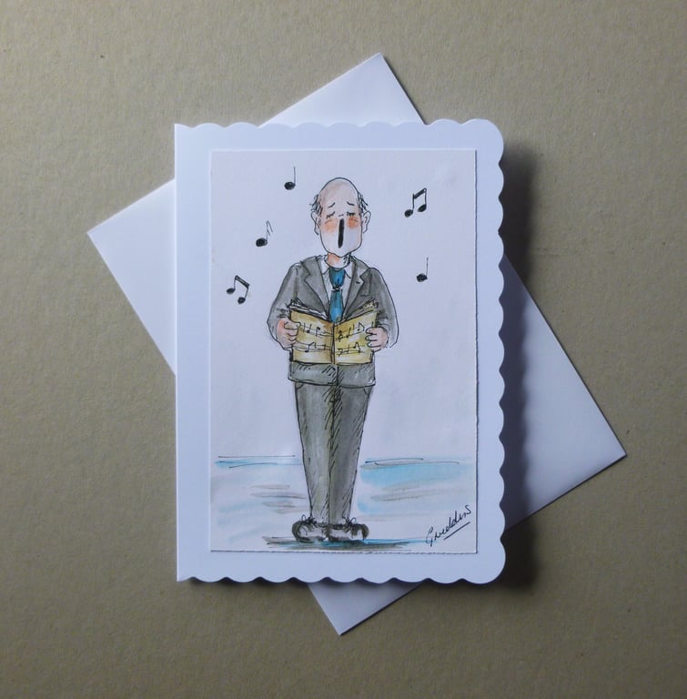 hand drawn and painted cartoon singer greetings card ( ref FA 305 M2 )