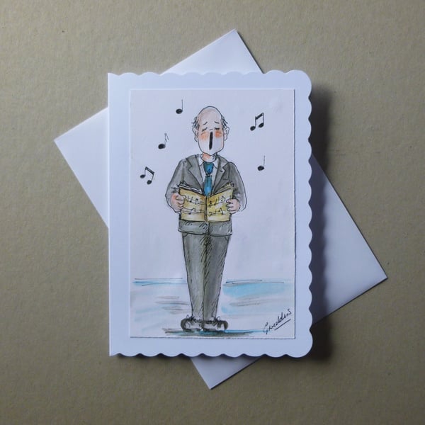 hand drawn and painted cartoon singer greetings card ( ref FA 305 M2 )