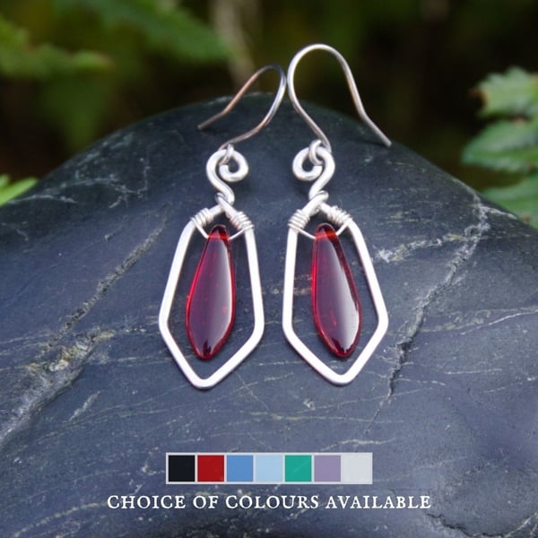 Sterling Silver Geometric Drop Earrings with Dagger Beads - Choice of Colours