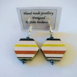 Striped hexagon wood earrings