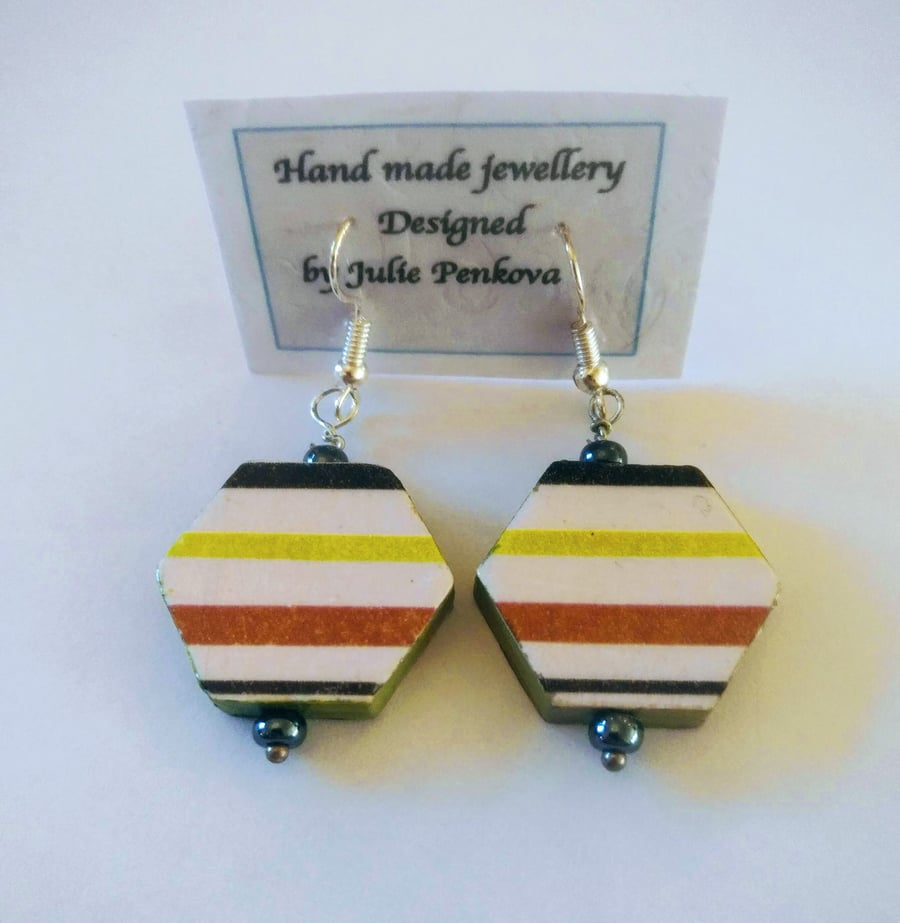 Striped hexagon wood earrings