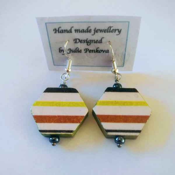 Striped hexagon wood earrings