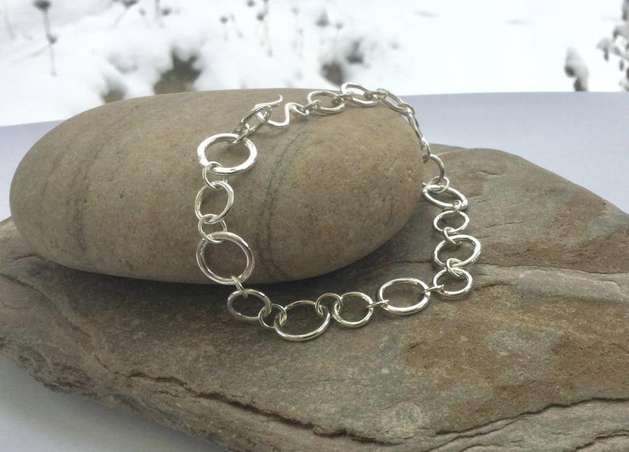 Sterling Silver Chain Link Bracelet, Hammered and Hallmarked