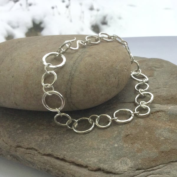 Sterling Silver Chain Link Bracelet, Hammered and Hallmarked