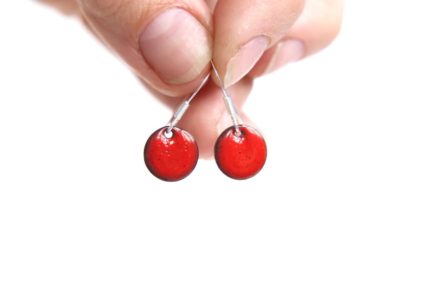 Cherry red earrings, bright red little round enamel earrings & sterling silver
