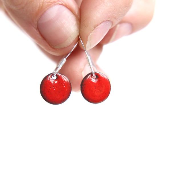 Cherry red earrings, bright red little round enamel earrings & sterling silver