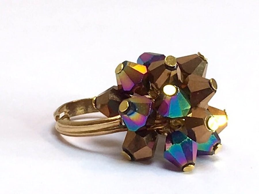 CRYSTAL COCKTAIL RING statement bicones gold disco