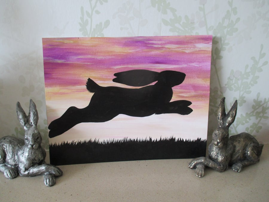 Bunny Rabbit Silhouette Painting Original Art Picture Black Sunset Sky