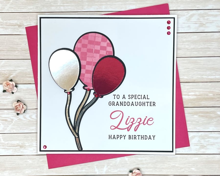 Personalised Birthday Card Pink Balloons Sister Daughter Granddaughter In-Law
